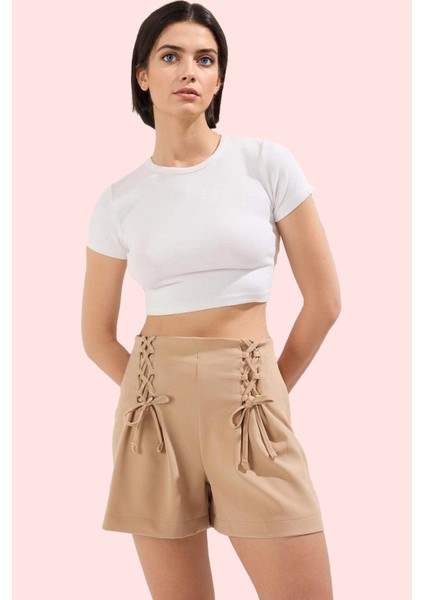 Kadın Yüksek Bel Kısa Şort Etek Bağcık Detaylı Dokuma Günlük Hafta Sonu Yaz Aylarının Vazgeçilmezi