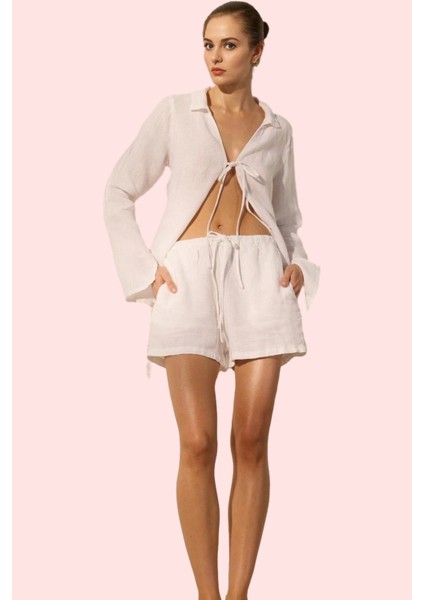 Kadın Kısa Boy Keten Şort Geniş Paça Yüksek Bel Dokuma Kumaş Günlük Kullanım Modern Tasarım