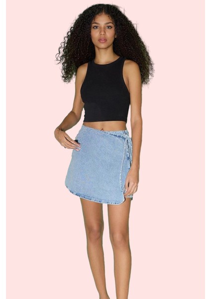 Kadın Pamuklu Denim Şort Etek; Yüksek Bel Boru Paça Düz Desen Günlük Stil Kaliteli Malzeme