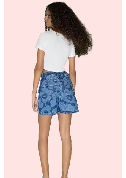Kadın Yüksek Bel Pamuklu Denim Şort Çiçek Desenli Boru Paça City Short Rahat Günlük Hafta Sonu modelleri
