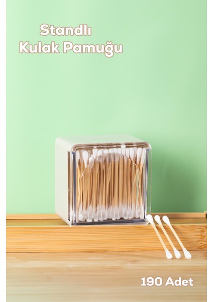 3134 Doğal Ahşap Bambu Saplı Standlı Kulak Temizleme Çubuğu Seti- 190 Adet