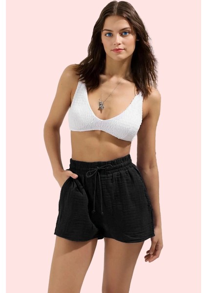 Kadın Pamuk Mini Şort Nefes Alan Müslin Kumaş Rahat Relaxed Kalıp Yazlık Plaj Şortu Günlük Kullanım