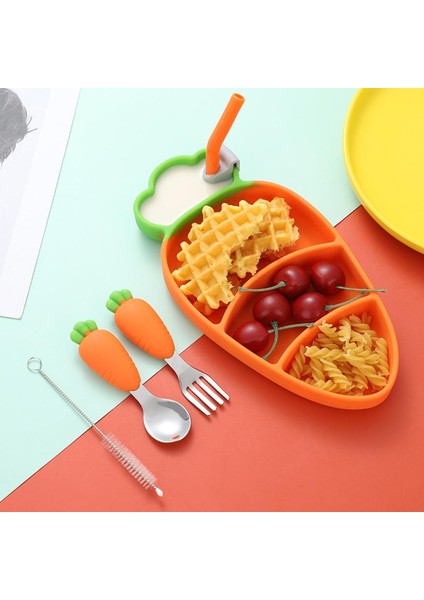 Çocuk Silikon Akşam Yemeği Pate Havuç Kase 304 Paslanmaz Çelik Çatal Kaşık Sofra Seti Bebek Maması Ek Yemek Tabağı (Yurt Dışından)
