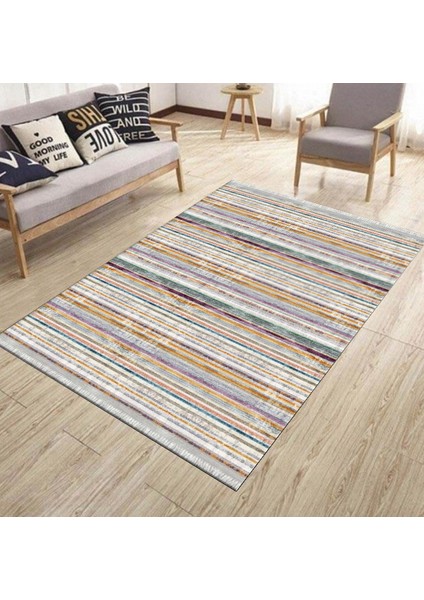 Kaymaz Tabanlı Halı Makinede Yıkanabilir Kilim Desenli Dot Tabanlı Oturma Odası Halısı 5019A