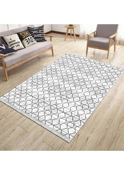 Kırık Beyaz Kilim Makinede Yıkanabilir Kaymaz Tabanlı Kilim Dot Tabanlı Salon Halısı 5041C