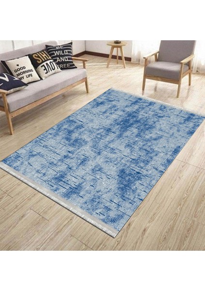 Mavi Modern Halı Kaymaz Tabanlı Kilim Makinede Yıkanabilir Dot Tabanlı Salon Halısı 5152A