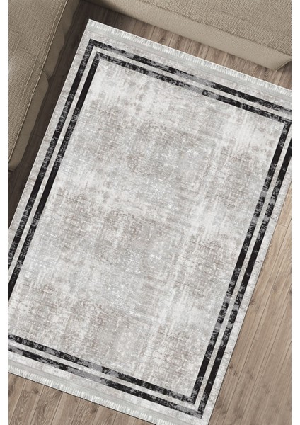 Siyah Çizgili Eskitme Kaymaz Tabanlı Kilim Makinede Yıkanabilir Dot Tabanlı Salon Halısı 5165A fırsatları