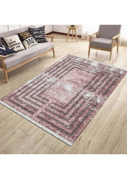 Pembe Renk Motifli Kaymaz Tabanlı Kilim Makinede Yıkanabilir Dot Tabanlı Salon Halısı 5166D
