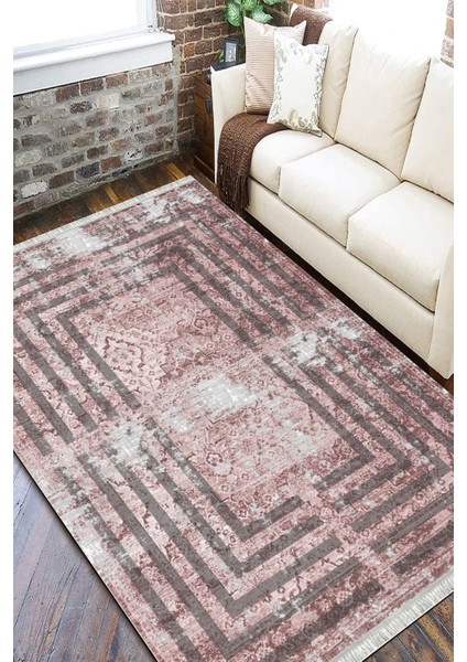 Pembe Renk Motifli Kaymaz Tabanlı Kilim Makinede Yıkanabilir Dot Tabanlı Salon Halısı 5166D fiyatları