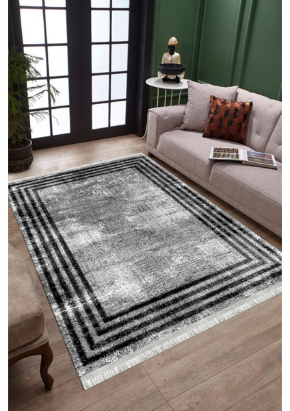Gri Siyah Çizgili Kaymaz Tabanlı Kilim Makinede Yıkanabilir Dot Tabanlı Salon Halısı 5171A modelleri