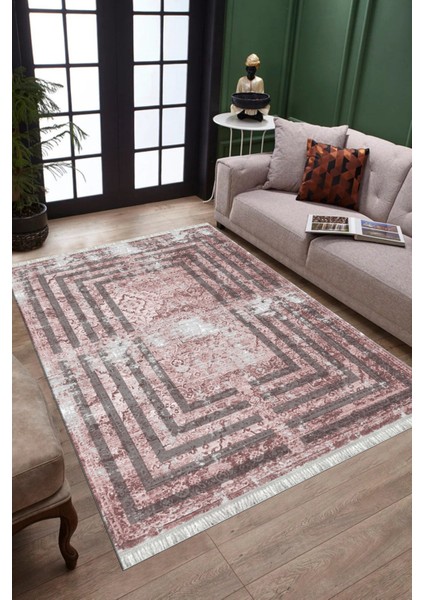 Pembe Renk Motifli Kaymaz Tabanlı Kilim Makinede Yıkanabilir Dot Tabanlı Salon Halısı 5166D modelleri