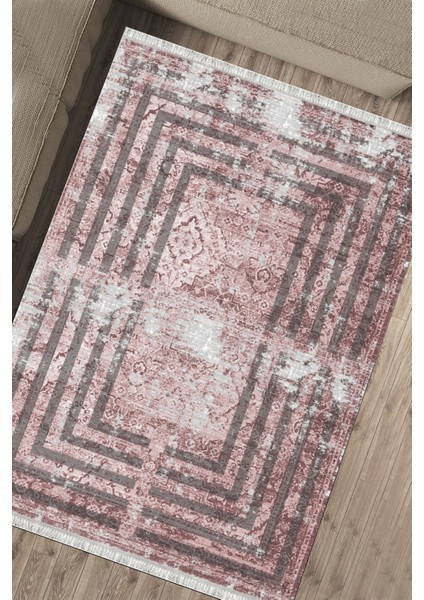 Pembe Renk Motifli Kaymaz Tabanlı Kilim Makinede Yıkanabilir Dot Tabanlı Salon Halısı 5166D fırsatları