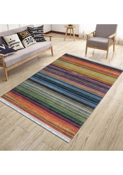 Çok Renkli Çizgili Halı Makinede Yıkanabilir Kaymaz Tabanlı Kilim Dot Tabanlı Salon Halısı 5058B