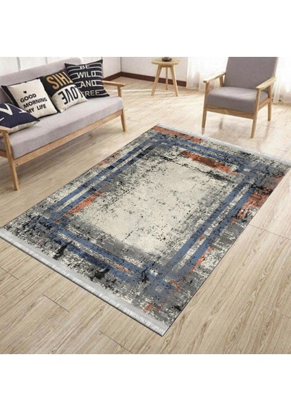 Bej Renk Eskitme Halı Kaymaz Tabanlı Kilim Makinede Yıkanabilir Dot Tabanlı Salon Halısı 5091B