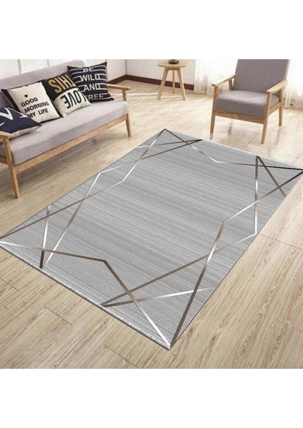 Gri Gümüş Çizgili Halı Kaymaz Tabanlı Kilim Makinede Yıkanabilir Dot Tabanlı Salon Halısı 5209B