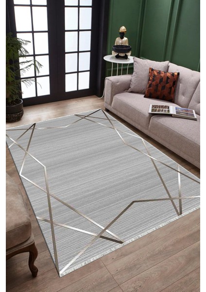 Gri Gümüş Çizgili Halı Kaymaz Tabanlı Kilim Makinede Yıkanabilir Dot Tabanlı Salon Halısı 5209B modelleri