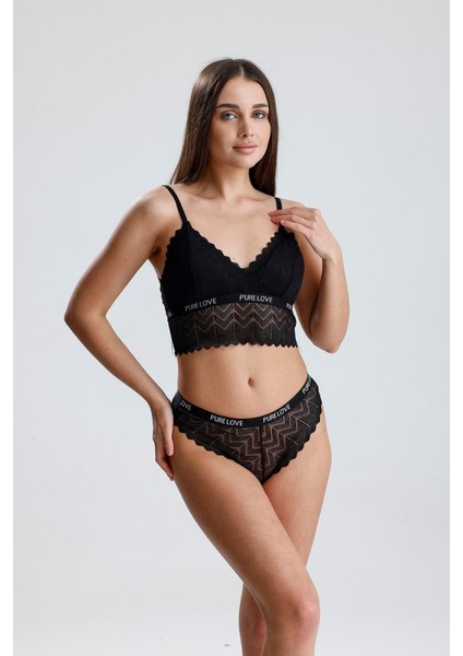 Dantelli Yazı Detay Desteksiz Bralet Takım | Siyah 285