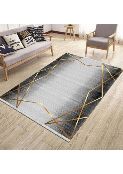 Gri Gold Çizgili Halı Kaymaz Tabanlı Kilim Makinede Yıkanabilir Dot Tabanlı Salon Halısı 5209D