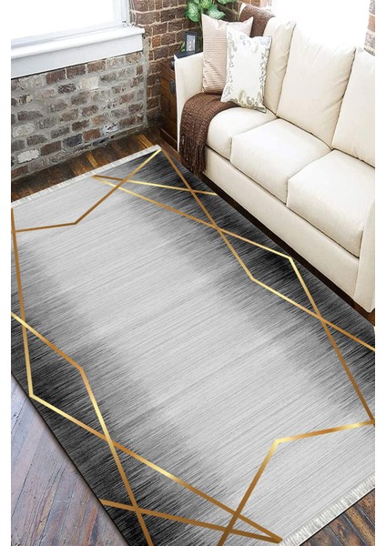Gri Gold Çizgili Halı Kaymaz Tabanlı Kilim Makinede Yıkanabilir Dot Tabanlı Salon Halısı 5209D fiyatları