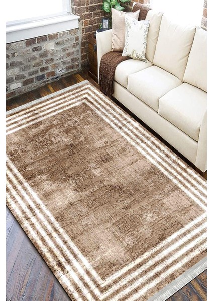 Kahve Beyaz Çizgili Kaymaz Tabanlı Kilim Makinede Yıkanabilir Dot Tabanlı Salon Halısı 5171C fiyatları