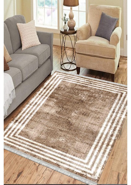 Kahve Beyaz Çizgili Kaymaz Tabanlı Kilim Makinede Yıkanabilir Dot Tabanlı Salon Halısı 5171C modelleri