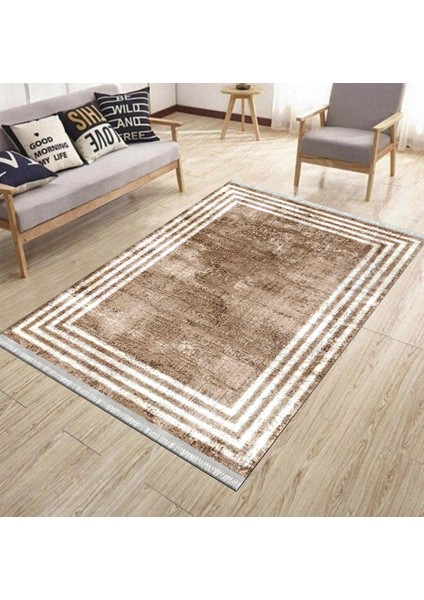 Kahve Beyaz Çizgili Kaymaz Tabanlı Kilim Makinede Yıkanabilir Dot Tabanlı Salon Halısı 5171C