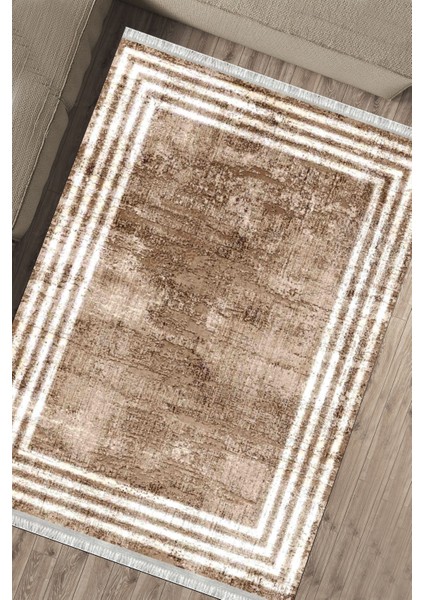 Kahve Beyaz Çizgili Kaymaz Tabanlı Kilim Makinede Yıkanabilir Dot Tabanlı Salon Halısı 5171C fırsatları