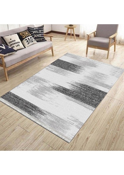 Beyaz Gri Geçişli Kaymaz Tabanlı Kilim Makinede Yıkanabilir Dot Tabanlı Salon Halısı 5164B