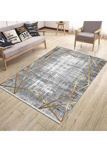 Gri Gold Çizgili Halı Kaymaz Tabanlı Kilim Makinede Yıkanabilir Dot Tabanlı Salon Halısı 5209E