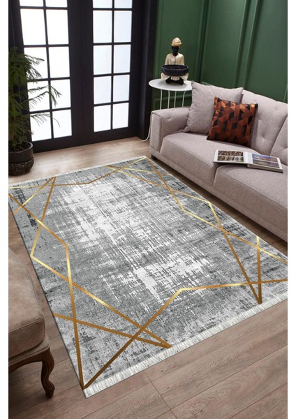 Gri Gold Çizgili Halı Kaymaz Tabanlı Kilim Makinede Yıkanabilir Dot Tabanlı Salon Halısı 5209E modelleri