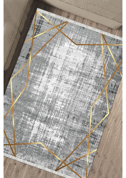 Gri Gold Çizgili Halı Kaymaz Tabanlı Kilim Makinede Yıkanabilir Dot Tabanlı Salon Halısı 5209E fırsatları