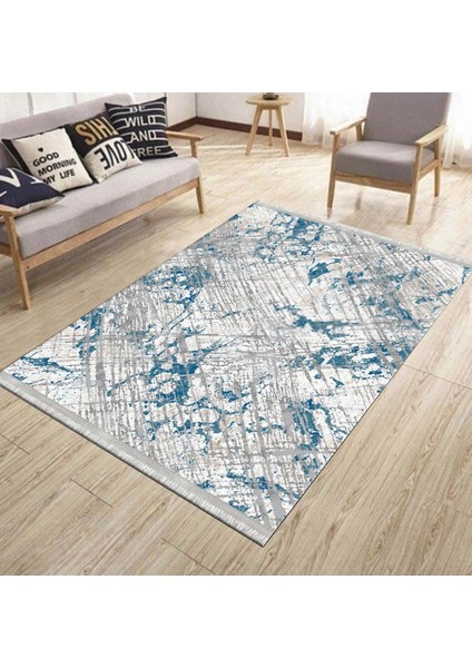 Mavi Modern Halı Kaymaz Tabanlı Kilim Makinede Yıkanabilir Dot Tabanlı Salon Halısı 5157A