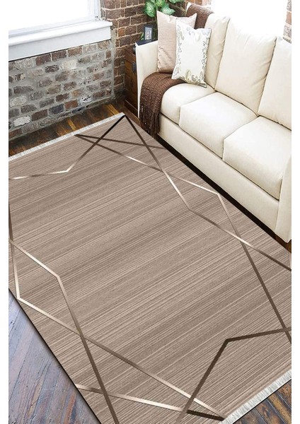 Kahverengi Çizgili Halı Kaymaz Tabanlı Kilim Makinede Yıkanabilir Dot Tabanlı Salon Halısı 5209A fiyatları