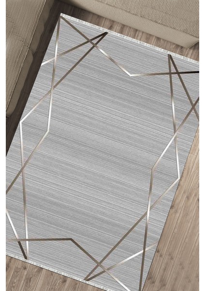 Gri Gümüş Çizgili Halı Kaymaz Tabanlı Kilim Makinede Yıkanabilir Dot Tabanlı Salon Halısı 5209B fırsatları