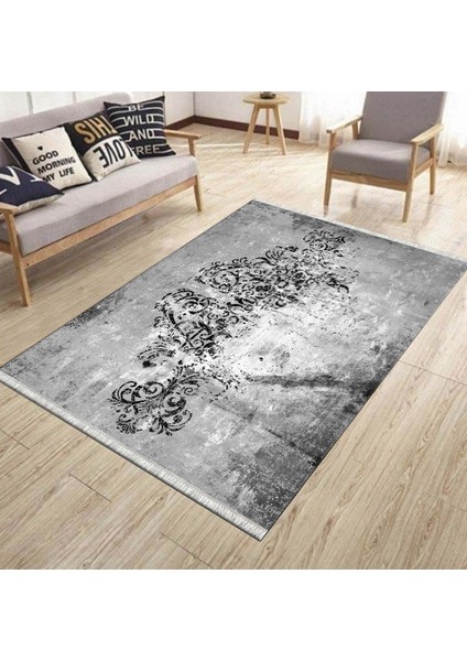 Klasik Gri Halı Makinede Yıkanabilir Halı Kaymaz Taban Kilim Dot Tabanlı Salon Halısı 5249A