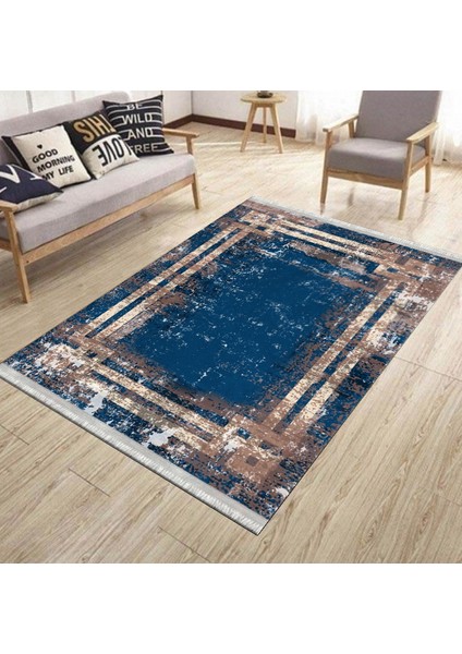 Lacivert Halı Eskitme Kaymaz Tabanlı Kilim Makinede Yıkanabilir Dot Tabanlı Salon Halısı 5091A