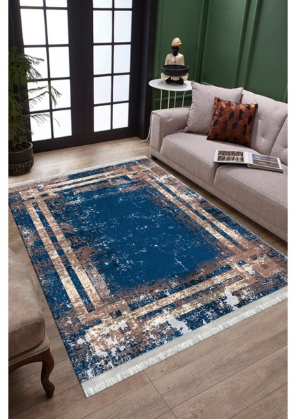 Lacivert Halı Eskitme Kaymaz Tabanlı Kilim Makinede Yıkanabilir Dot Tabanlı Salon Halısı 5091A modelleri
