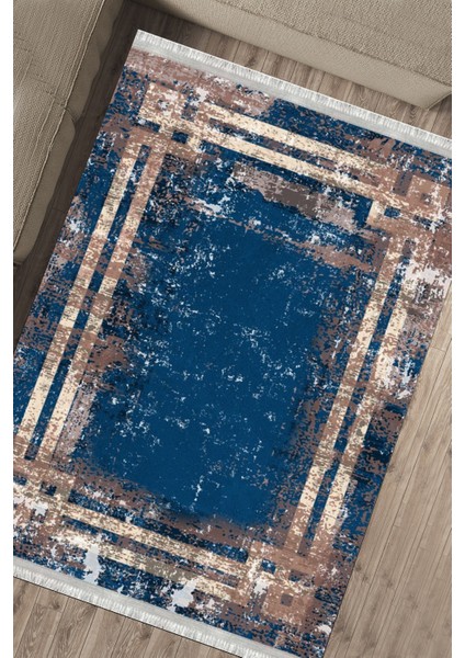 Lacivert Halı Eskitme Kaymaz Tabanlı Kilim Makinede Yıkanabilir Dot Tabanlı Salon Halısı 5091A fırsatları