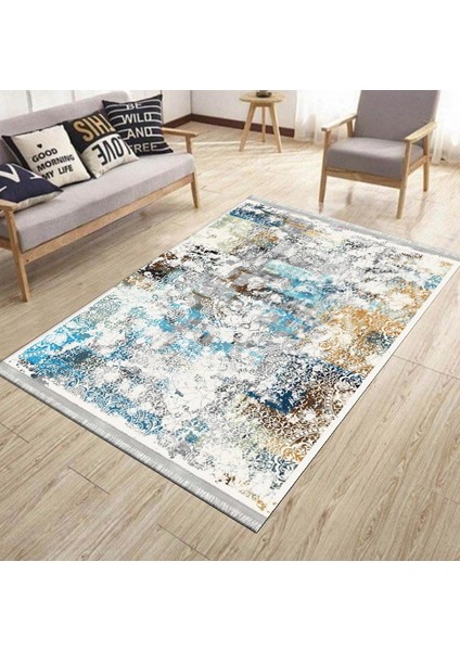 Beyaz Mavi Halı Kaymaz Tabanlı Kilim Makinede Yıkanabilir Dot Tabanlı Salon Halısı 5117A