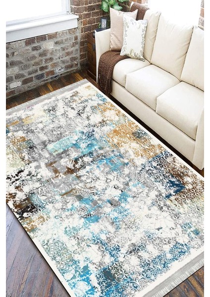 Beyaz Mavi Halı Kaymaz Tabanlı Kilim Makinede Yıkanabilir Dot Tabanlı Salon Halısı 5117A fiyatları