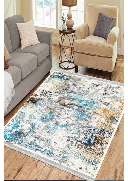 Beyaz Mavi Halı Kaymaz Tabanlı Kilim Makinede Yıkanabilir Dot Tabanlı Salon Halısı 5117A modelleri