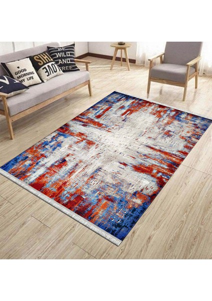 Mavi Kırmızı Halı Makinede Yıkanabilir Halı Kaymaz Taban Kilim Dot Tabanlı Salon Halısı 5247A