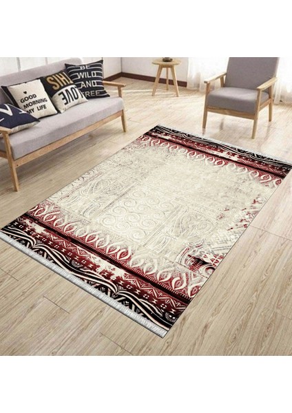 Otantik Kırmızı Kilim Yıkanabilir Halı Kaymaz Taban Kilim Dot Tabanlı Oturma Odası Halısı 5254B