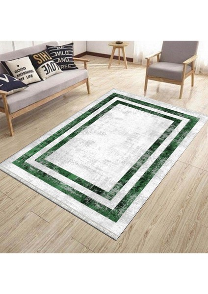Yeşil Şeritli Halı Yıkanabilir Halı Kaymaz Taban Kilim Dot Tabanlı Oturma Odası Halısı 5268C