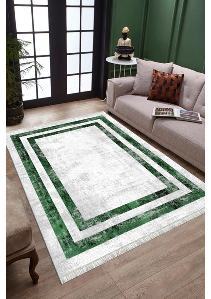 Yeşil Şeritli Halı Yıkanabilir Halı Kaymaz Taban Kilim Dot Tabanlı Oturma Odası Halısı 5268C modelleri