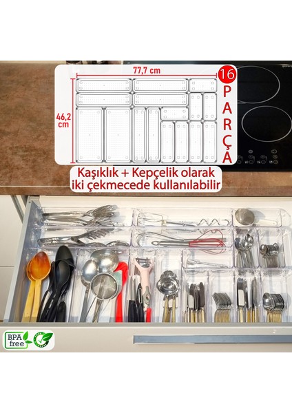 16'lı Set Modüler Kepçelik ve Kaşıklık Çekmece Içi Düzenleyici Şeffaf Clear Mutfak Çatal Bıçak Kaşık Organizer