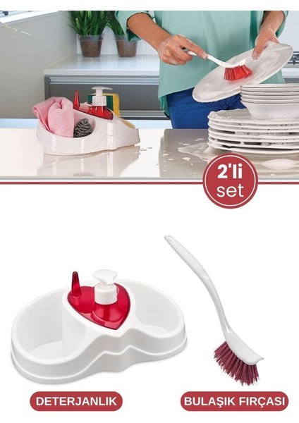 Bulaşık Temizlik Seti, Sünger Fırça Deterjan Bölmeli Bulaşık Deterjanlığı Sabunluk + Bulaşık Fırçası
