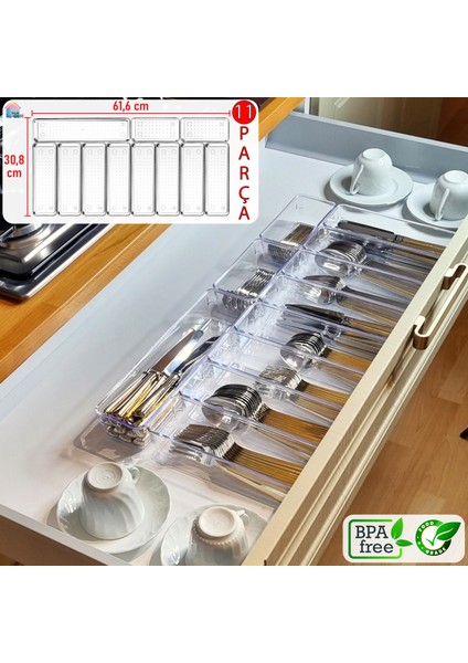 11'li Set Modüler Kaşıklık Mutfak Çekmece Içi Organizer Şeffaf Clear Çatal Bıçak Kaşık Düzenleyici