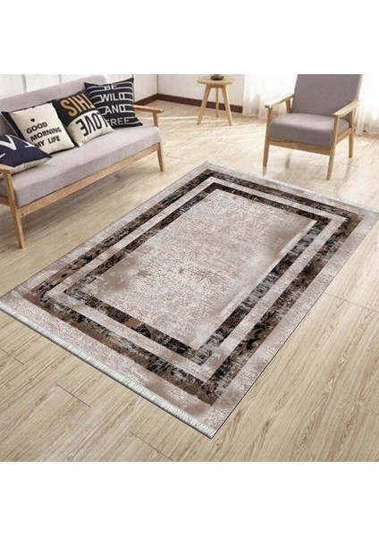 Kahverengi Şeritli Halı Yıkanabilir Halı Kaymaz Taban Kilim Dot Tabanlı Oturma Odası Halısı 5268B