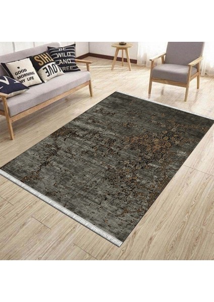 Antrasit Motifli Halı Makinede Yıkanabilir Halı Kaymaz Taban Kilim Dot Tabanlı Salon Halısı 5248B